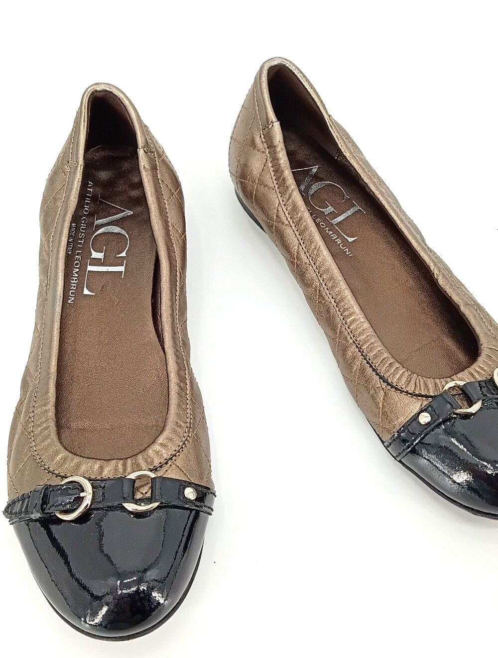 AGL Monika Quilted Metallic Bronze Black Patent Cap Toe Ballet Flats 40
